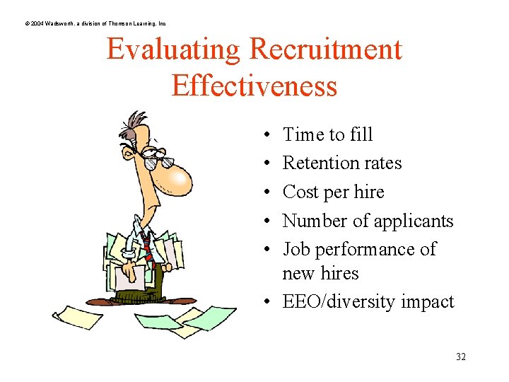 © 2004 Wadsworth, a division of Thomson Learning, Inc Evaluating Recruitment Effectiveness • •