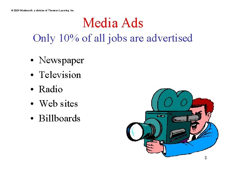 © 2004 Wadsworth, a division of Thomson Learning, Inc Media Ads Only 10% of