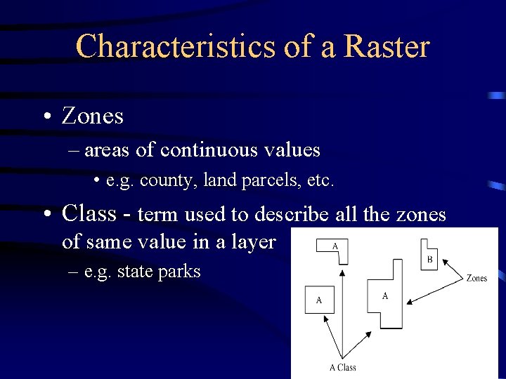 Characteristics of a Raster • Zones – areas of continuous values • e. g.