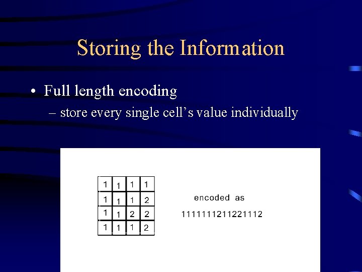 Storing the Information • Full length encoding – store every single cell’s value individually