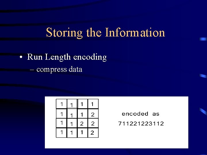 Storing the Information • Run Length encoding – compress data 