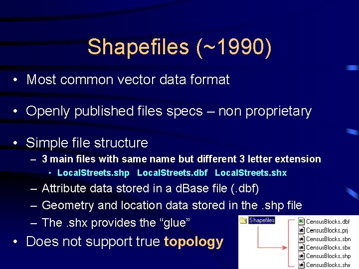 Shapefiles (~1990) • Most common vector data format • Openly published files specs –