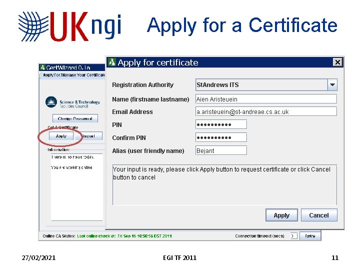 Apply for a Certificate 27/02/2021 EGI TF 2011 11 