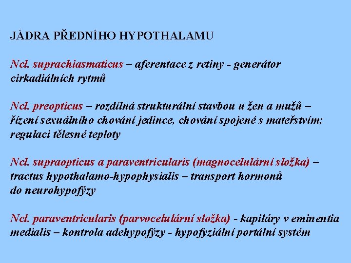 JÁDRA PŘEDNÍHO HYPOTHALAMU Ncl. suprachiasmaticus – aferentace z retiny - generátor cirkadiálních rytmů Ncl.