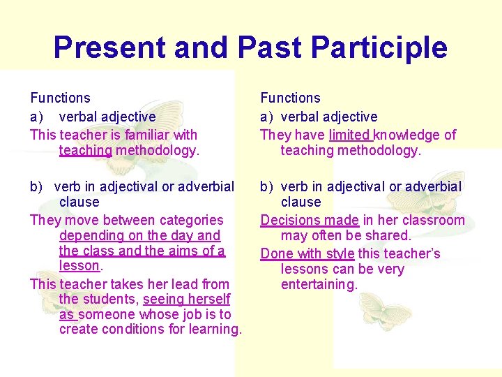 Present and Past Participle Functions a) verbal adjective This teacher is familiar with teaching
