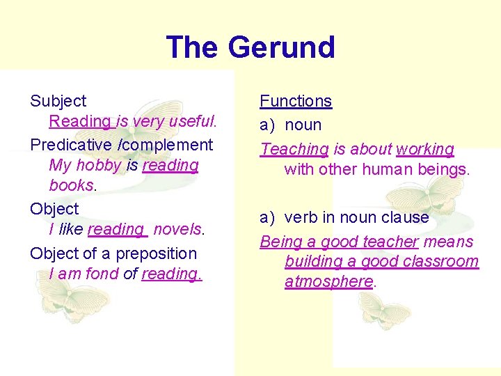 The Gerund Subject Reading is very useful. Predicative /complement My hobby is reading books.