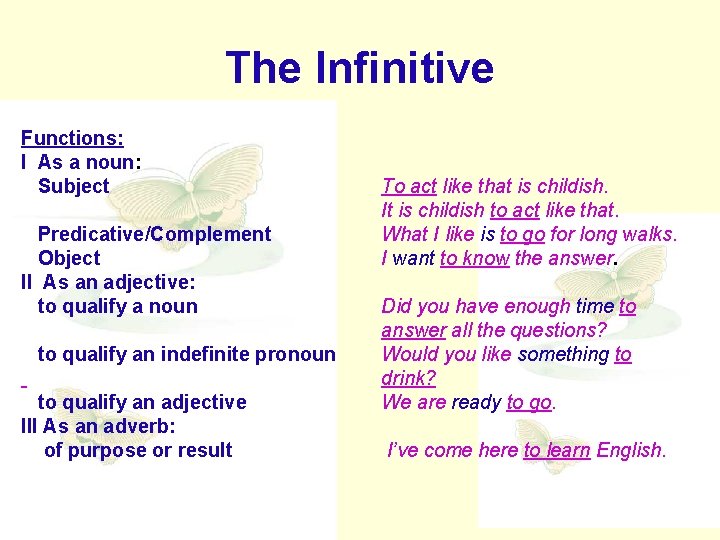 The Infinitive Functions: I As a noun: Subject Predicative/Complement Object II As an adjective: