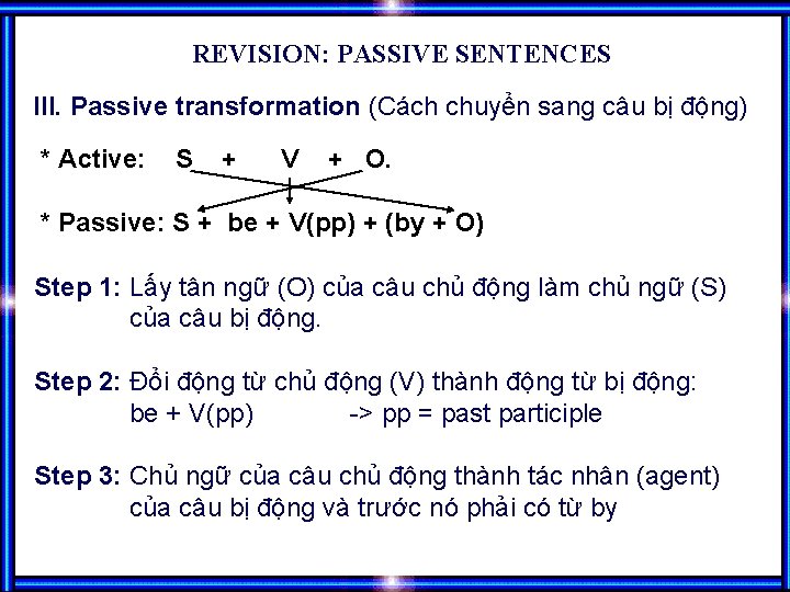 REVISION: PASSIVE SENTENCES III. Passive transformation (Cách chuyển sang câu bị động) * Active: