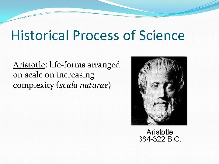 Historical Process of Science Aristotle: life-forms arranged on scale on increasing complexity (scala naturae)