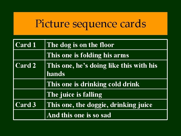 Picture sequence cards Card 1 Card 2 Card 3 The dog is on the