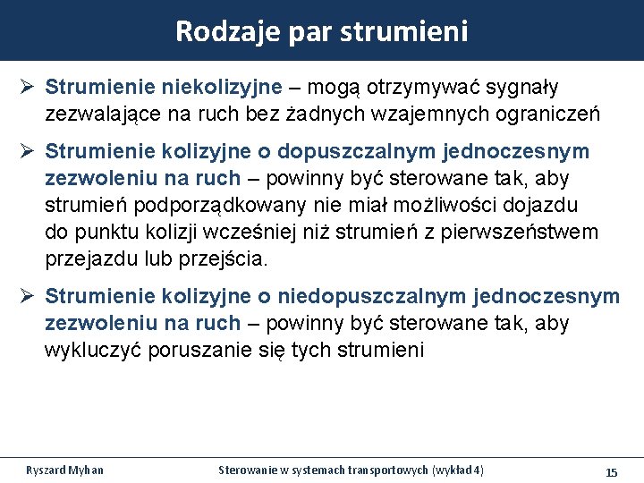 Rodzaje par strumieni Ø Strumienie niekolizyjne – mogą otrzymywać sygnały zezwalające na ruch bez Rodzaje par strumieni Ø Strumienie niekolizyjne – mogą otrzymywać sygnały zezwalające na ruch bez