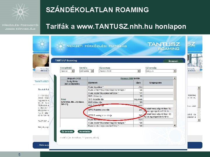 SZÁNDÉKOLATLAN ROAMING Tarifák a www. TANTUSZ. nhh. hu honlapon 5 