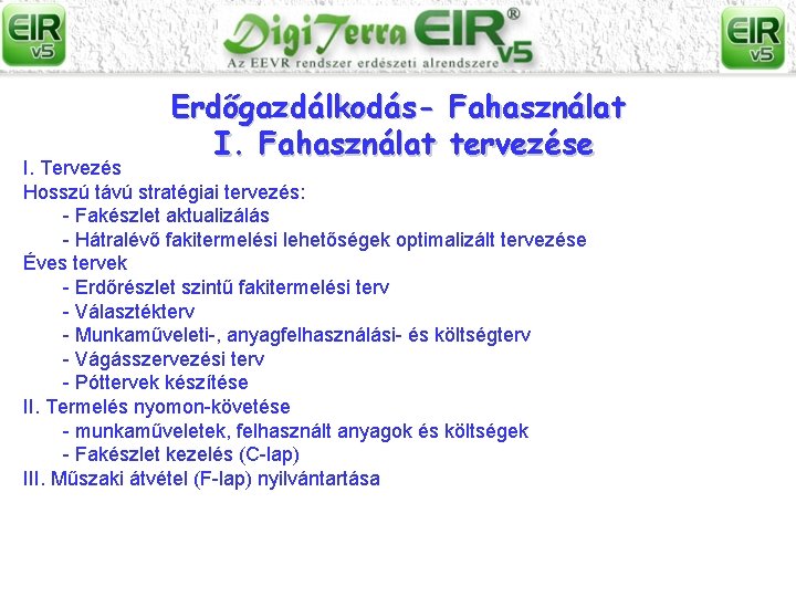 Erdőgazdálkodás- Fahasználat I. Fahasználat tervezése I. Tervezés Hosszú távú stratégiai tervezés: - Fakészlet aktualizálás