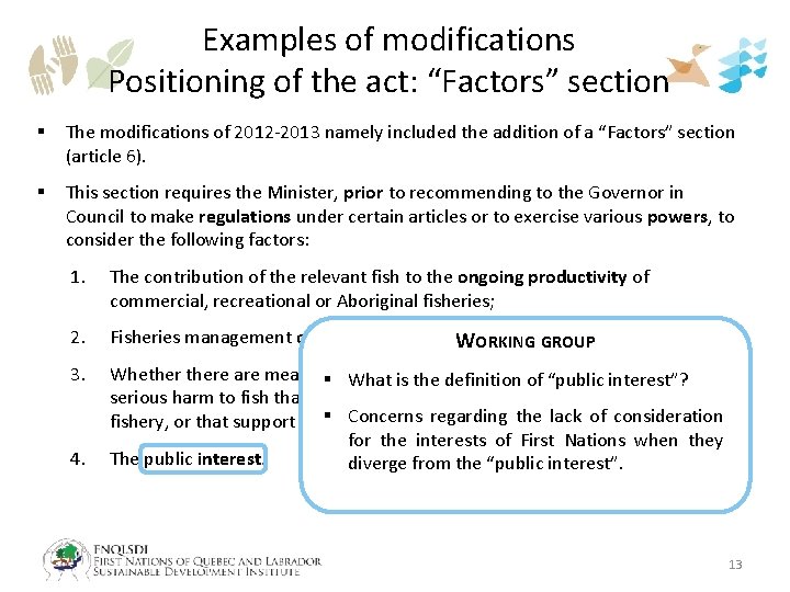 Examples of modifications Positioning of the act: “Factors” section § The modifications of 2012