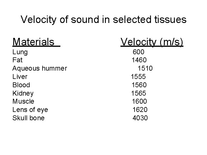 Velocity of sound in selected tissues Materials Lung Fat Aqueous hummer Liver Blood Kidney