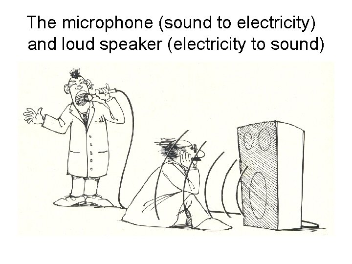 The microphone (sound to electricity) and loud speaker (electricity to sound) 