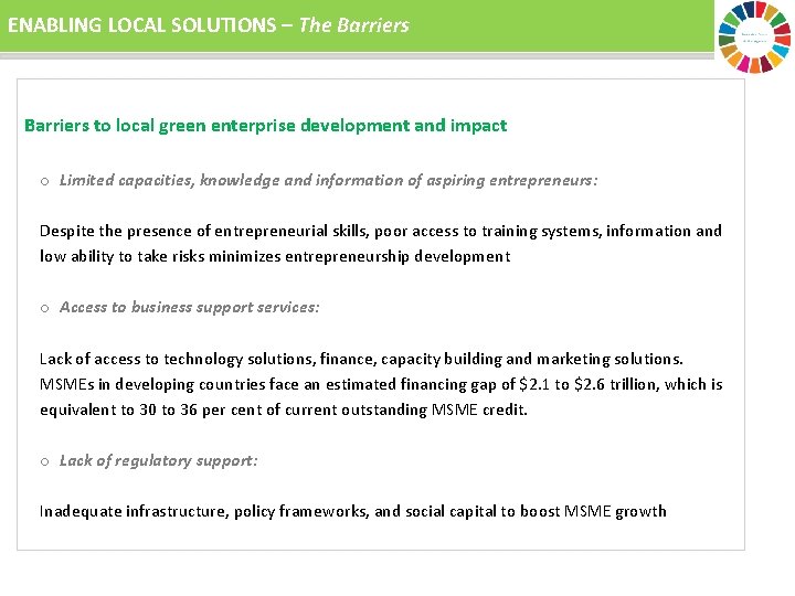 ENABLING LOCAL SOLUTIONS – The Barriers to local green enterprise development and impact o