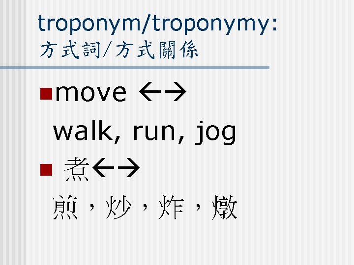 troponym/troponymy: 方式詞/方式關係 nmove walk, run, jog n 煮 煎，炒，炸，燉 