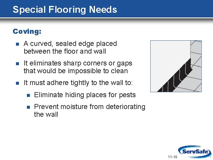 Special Flooring Needs Coving: n A curved, sealed edge placed between the floor and
