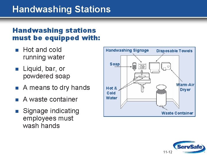 Handwashing Stations Handwashing stations must be equipped with: n Hot and cold running water