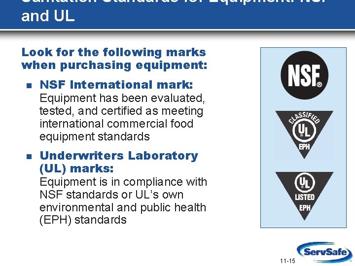 Sanitation Standards for Equipment: NSF and UL Look for the following marks when purchasing