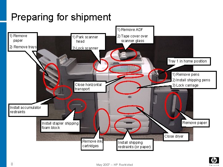 Preparing for shipment 1) Remove ADF 1) Remove paper 1) Park scanner head 2) Preparing for shipment 1) Remove ADF 1) Remove paper 1) Park scanner head 2)