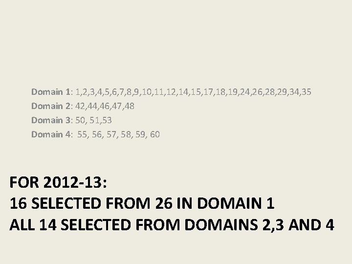 Domain 1: 1, 2, 3, 4, 5, 6, 7, 8, 9, 10, 11, 12,