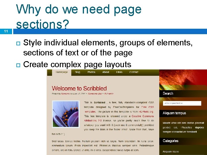 11 Why do we need page sections? Style individual elements, groups of elements, sections