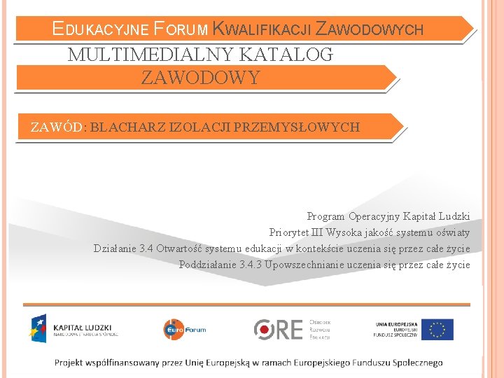 EDUKACYJNE FORUM KWALIFIKACJI ZAWODOWYCH MULTIMEDIALNY KATALOG ZAWODOWY ZAWÓD: BLACHARZ IZOLACJI PRZEMYSŁOWYCH Program Operacyjny Kapitał