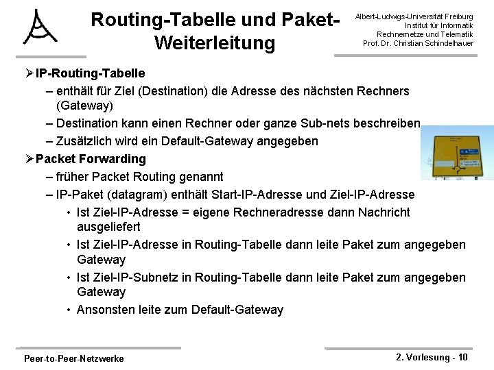 Routing-Tabelle und Paket. Weiterleitung Albert-Ludwigs-Universität Freiburg Institut für Informatik Rechnernetze und Telematik Prof. Dr. Routing-Tabelle und Paket. Weiterleitung Albert-Ludwigs-Universität Freiburg Institut für Informatik Rechnernetze und Telematik Prof. Dr.