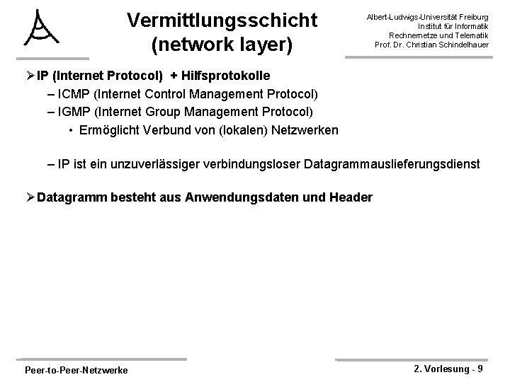 Vermittlungsschicht (network layer) Albert-Ludwigs-Universität Freiburg Institut für Informatik Rechnernetze und Telematik Prof. Dr. Christian Vermittlungsschicht (network layer) Albert-Ludwigs-Universität Freiburg Institut für Informatik Rechnernetze und Telematik Prof. Dr. Christian