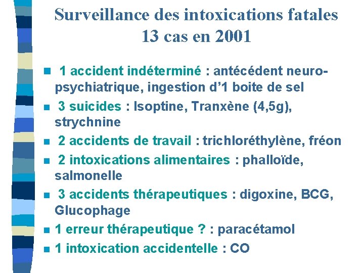 Surveillance des intoxications fatales 13 cas en 2001 n 1 accident indéterminé : antécédent