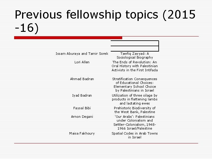 Previous fellowship topics (2015 -16) Issam Aburaya and Tamir Sorek Lori Allen Tawfiq Zayyad: