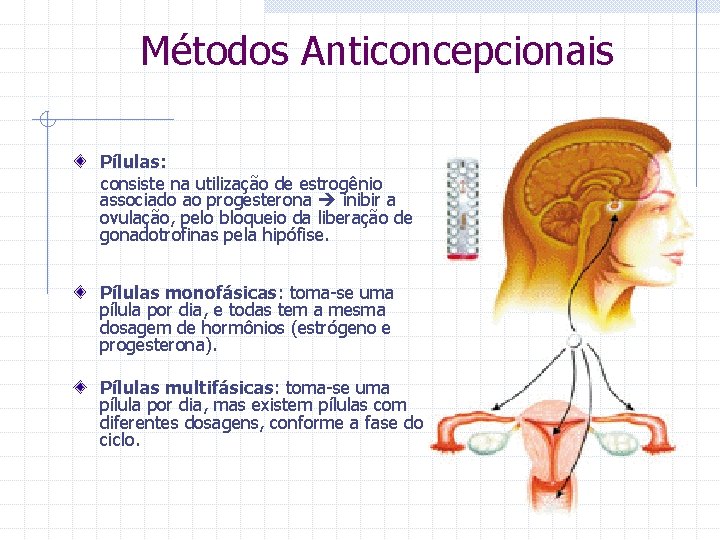  Métodos Anticoncepcionais Pílulas: consiste na utilização de estrogênio associado ao progesterona inibir a