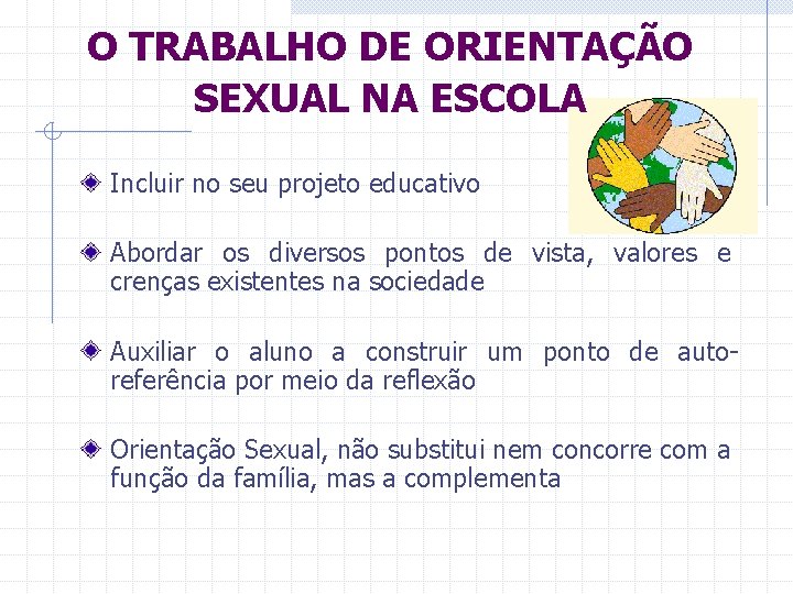 O TRABALHO DE ORIENTAÇÃO SEXUAL NA ESCOLA Incluir no seu projeto educativo Abordar os