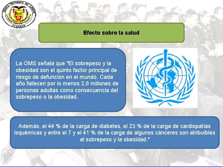 Efecto sobre la salud La OMS señala que "El sobrepeso y la obesidad son