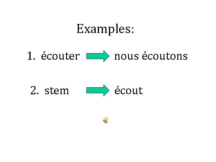 Examples: 1. écouter 2. stem nous écoutons écout 