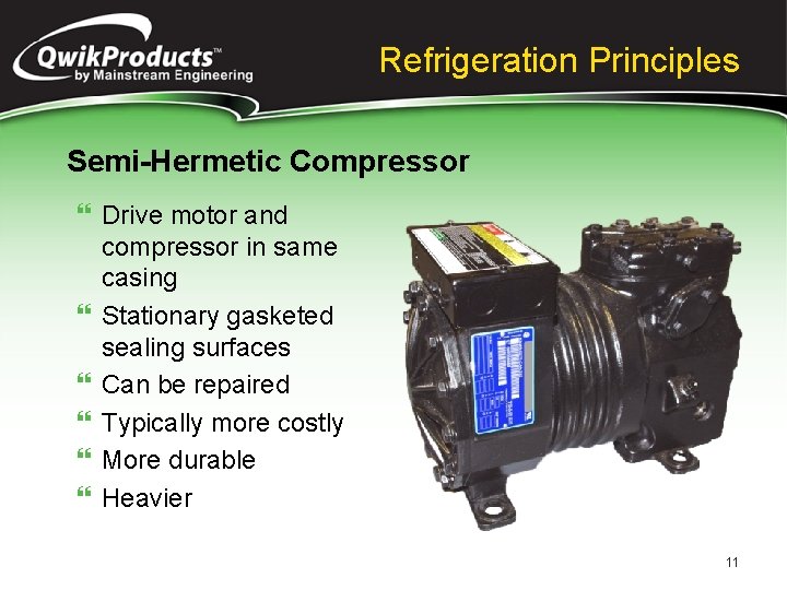 Refrigeration Principles Semi-Hermetic Compressor } Drive motor and compressor in same casing } Stationary