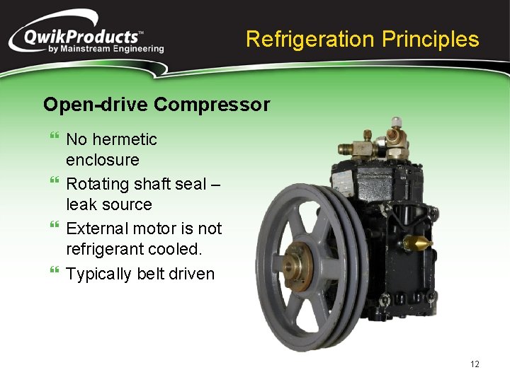 Refrigeration Principles Open-drive Compressor } No hermetic enclosure } Rotating shaft seal – leak