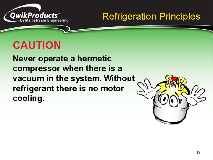 Refrigeration Principles CAUTION Never operate a hermetic compressor when there is a vacuum in