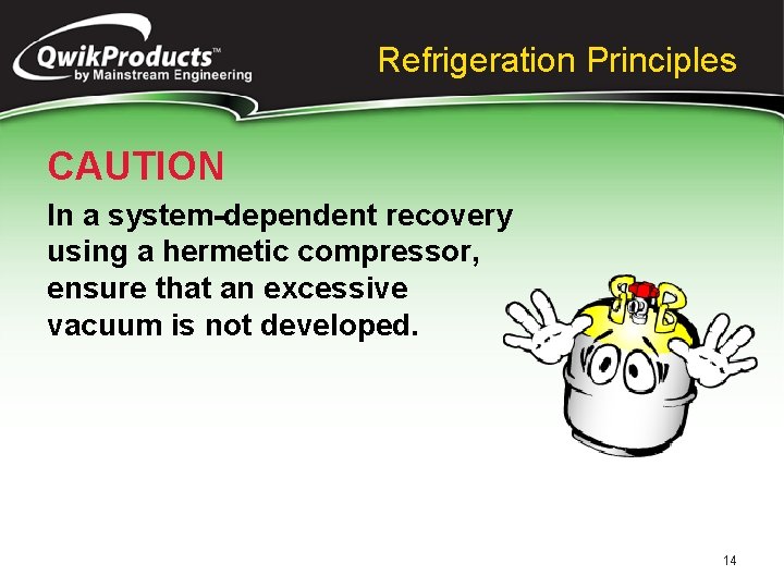 Refrigeration Principles CAUTION In a system-dependent recovery using a hermetic compressor, ensure that an