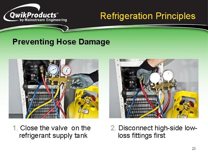 Refrigeration Principles Preventing Hose Damage 1. Close the valve on the refrigerant supply tank