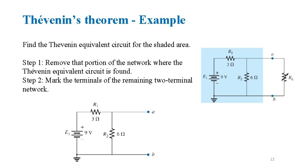 Thévenin’s theorem - Example Find the Thevenin equivalent circuit for the shaded area. Step
