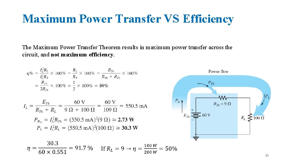 Maximum Power Transfer VS Efficiency The Maximum Power Transfer Theorem results in maximum power