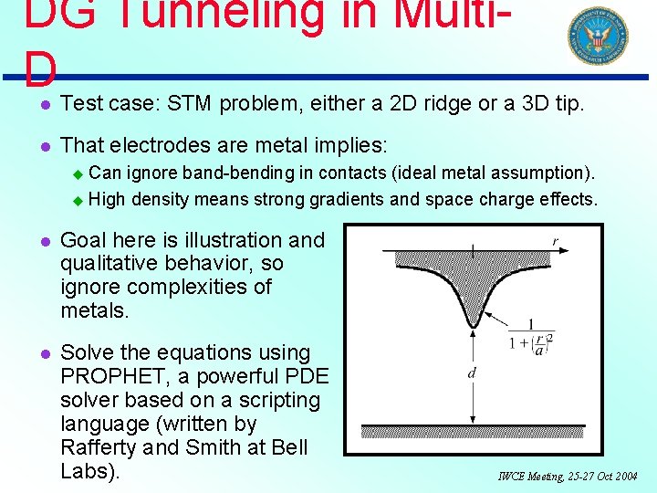 DG Tunneling in Multi. DTest case: STM problem, either a 2 D ridge or