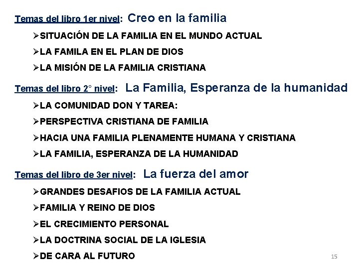 Temas del libro 1 er nivel: Creo en la familia ØSITUACIÓN DE LA FAMILIA Temas del libro 1 er nivel: Creo en la familia ØSITUACIÓN DE LA FAMILIA