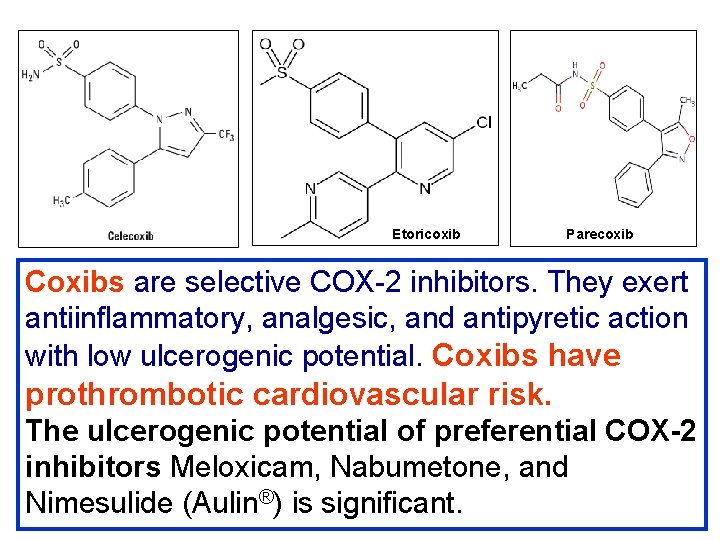 Etoricoxib Parecoxib Coxibs are selective COX-2 inhibitors. They exert antiinflammatory, analgesic, and antipyretic action Etoricoxib Parecoxib Coxibs are selective COX-2 inhibitors. They exert antiinflammatory, analgesic, and antipyretic action