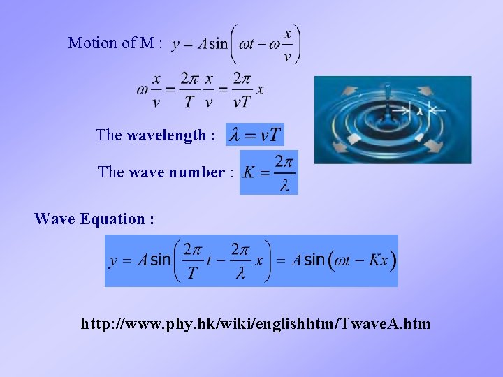 Motion of M : The wavelength : The wave number : Wave Equation :