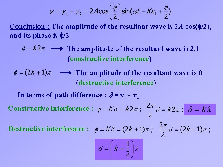Conclusion : The amplitude of the resultant wave is 2 A cos( /2), and