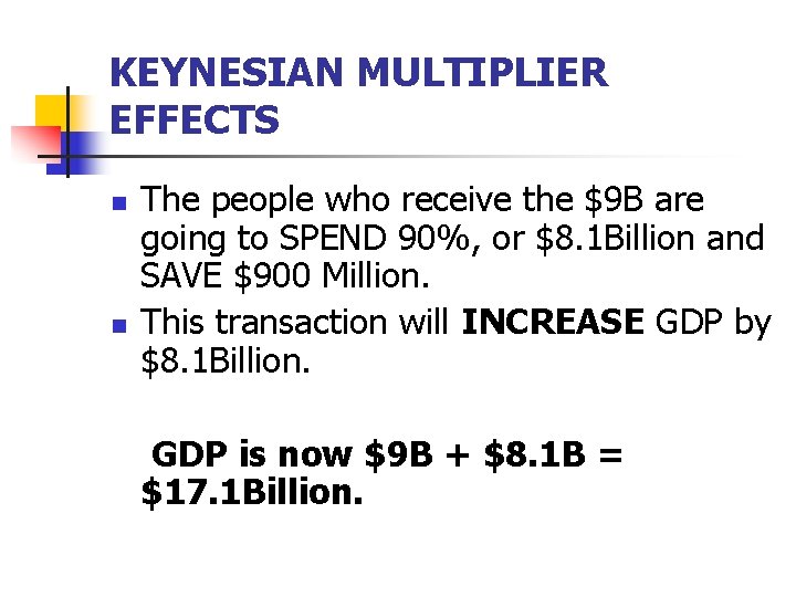 KEYNESIAN MULTIPLIER EFFECTS n n The people who receive the $9 B are going